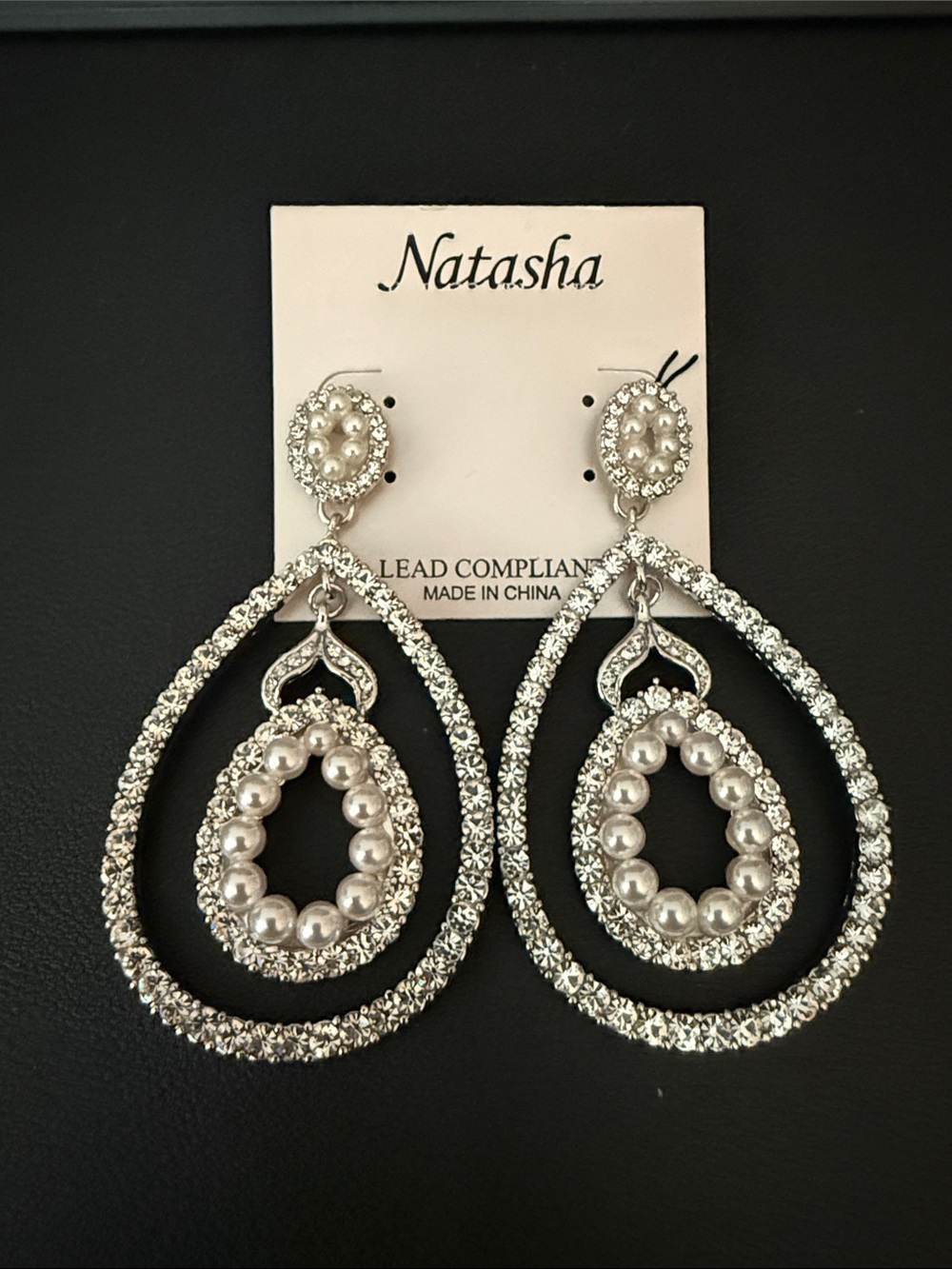 Natasha Couture Silver Crystal & Pearl Teardrop Statement Earrings